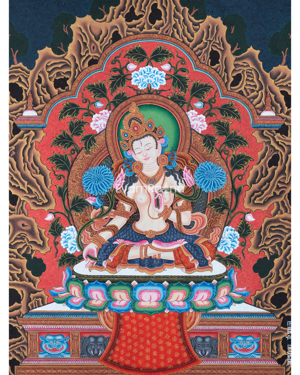 White Tara Buddha Art Print As Spiritual Room Decoration | Traditional Newari Thangka Print For Wall Decoration