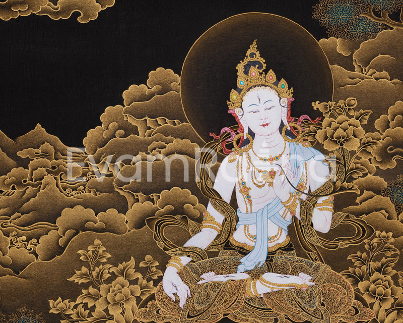 Three Deities of Long Life: White Tara, Amitayus, and Namgyalma | Gold Embellished Thangka