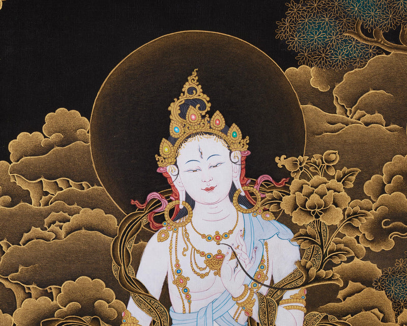 Three Deities of Long Life: White Tara, Amitayus, and Namgyalma | Gold Embellished Thangka