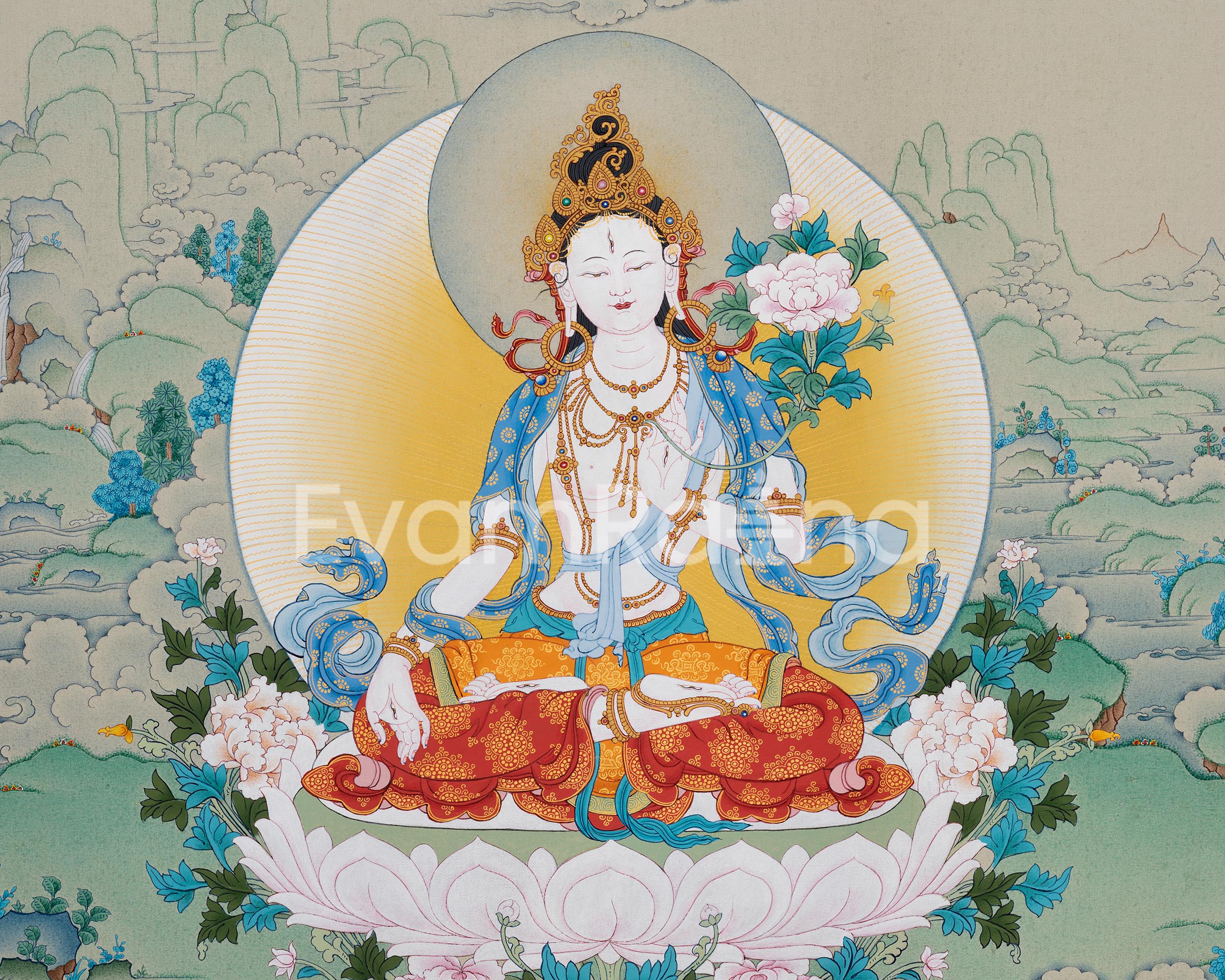 High-Quality Canvas Print of Mother Tara Thangka | White Tara's Deity of Long Life, Health, Healing & Compassion