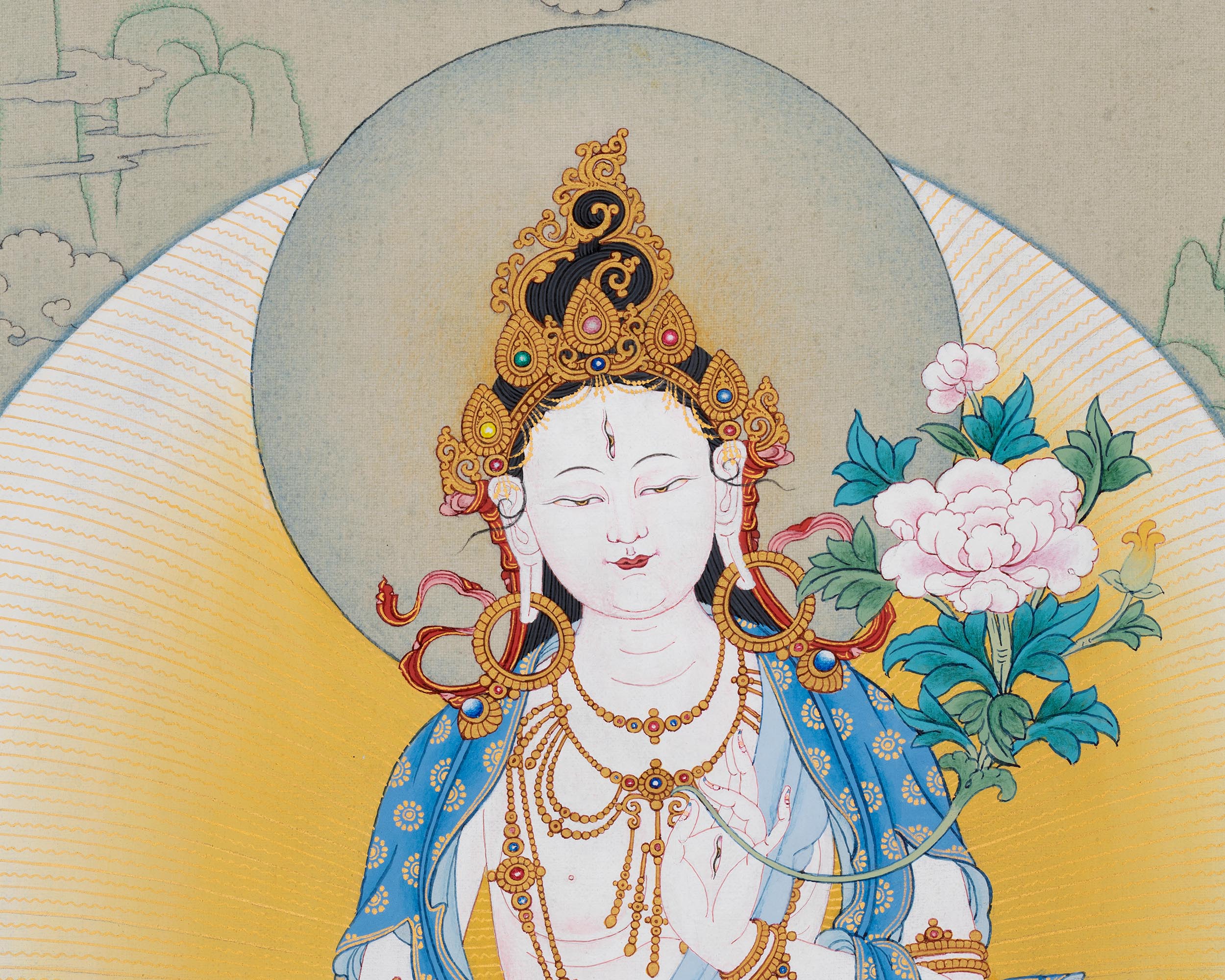 High-Quality Canvas Print of Mother Tara Thangka | White Tara's Deity of Long Life, Health, Healing & Compassion
