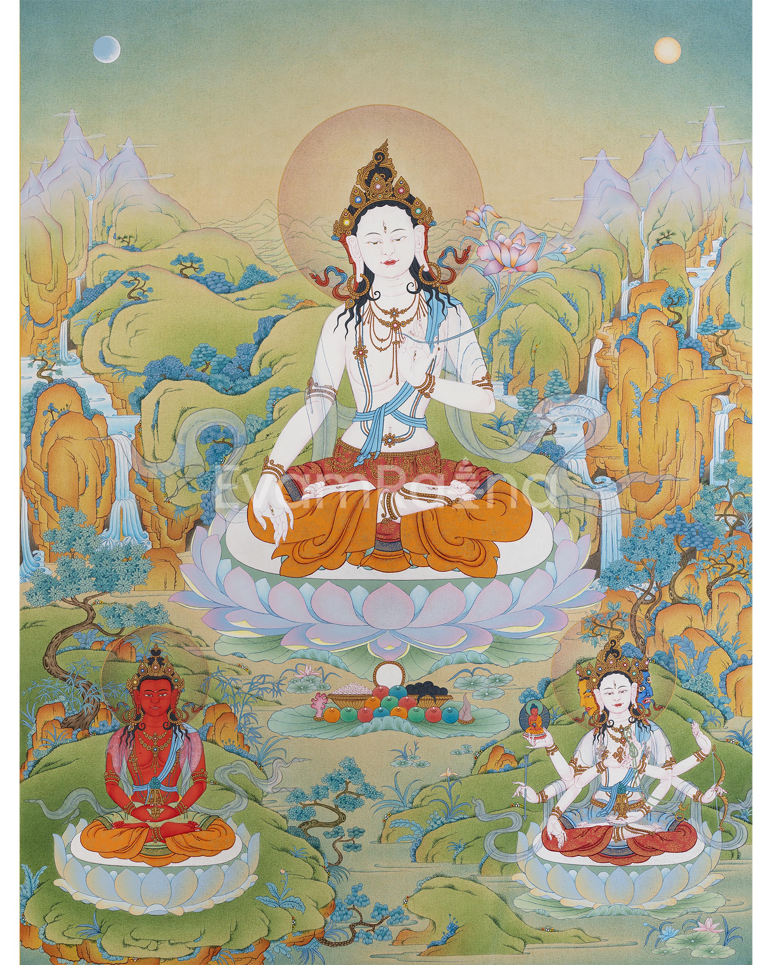 White Tara and Bodhisattvas Thangka Print | White Tara, Amitayus, and Namgyalma For Wall Decor