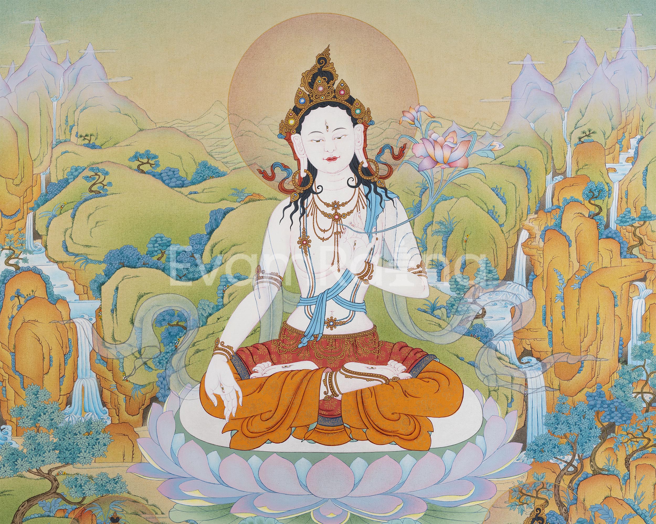 White Tara and Bodhisattvas Thangka Print | White Tara, Amitayus, and Namgyalma For Wall Decor