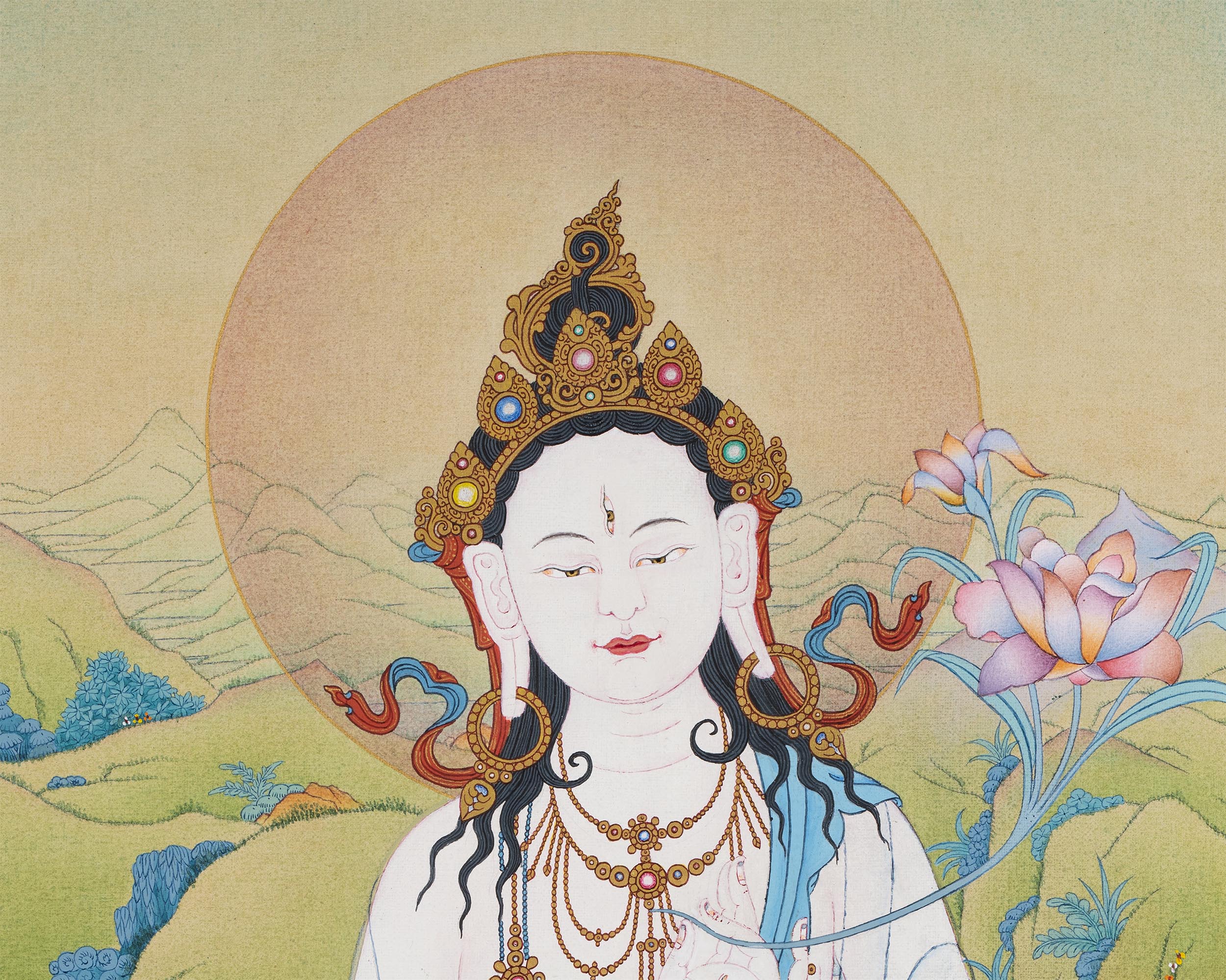 White Tara and Bodhisattvas Thangka Print | White Tara, Amitayus, and Namgyalma For Wall Decor