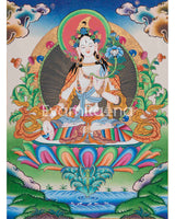 Beautifully Hand-Painted White Tara Thangka: