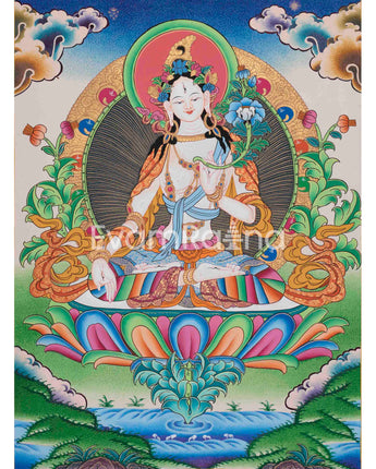 Beautifully Hand-Painted White Tara Thangka:
