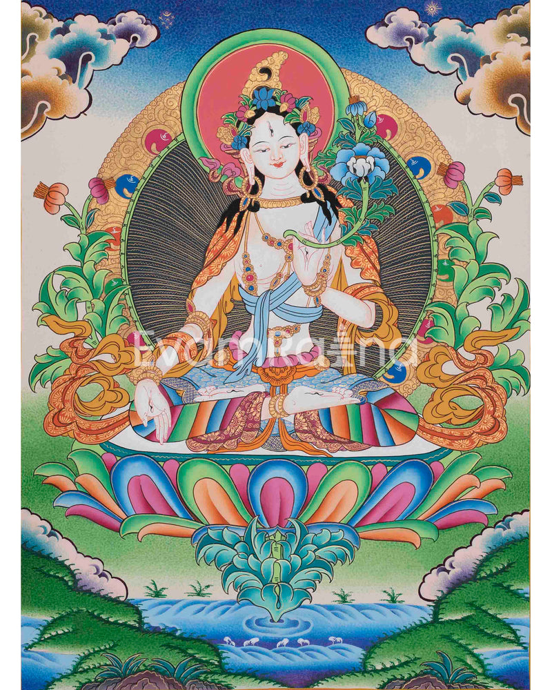 Beautifully Hand-Painted White Tara Thangka: