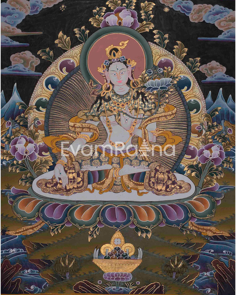 Beautifully Hand-Painted White Tara Thangka: