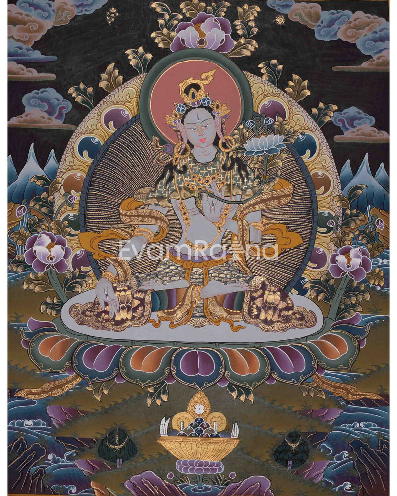 Beautifully Hand-Painted White Tara Thangka: