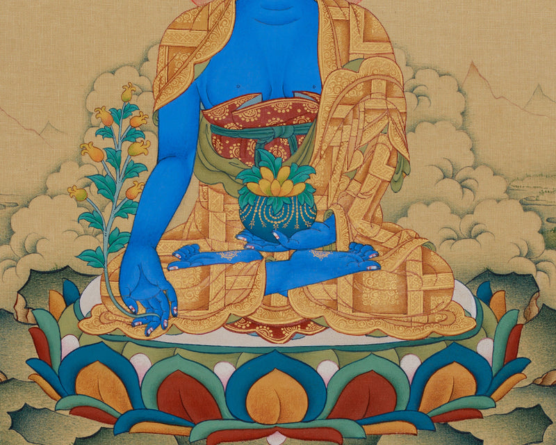 Bhaisajyaguru, The Healing Buddha | Blue Buddha Thangka with Healing Herb