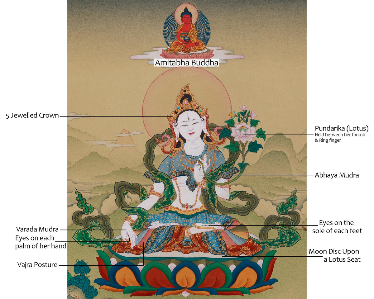 Tibetan White Tara With Amitabha Buddha Thangka | Healing And Longevity Deity