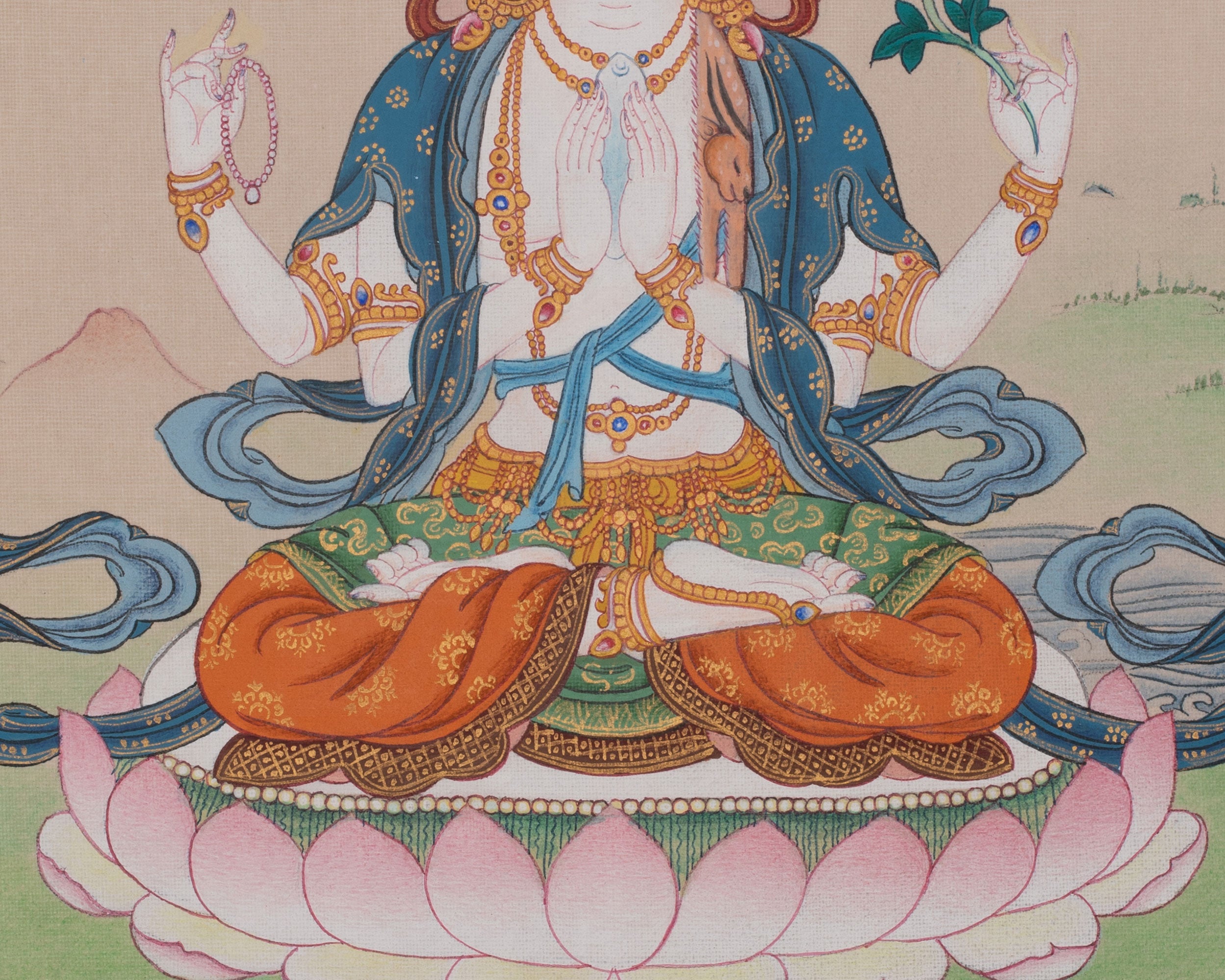 Hand Painted Chenrezig Thangka | Sacred Tibetan Artwork of Compassion and Wisdom