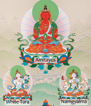 Amitayus with White Tara and Namgyalma Thangka