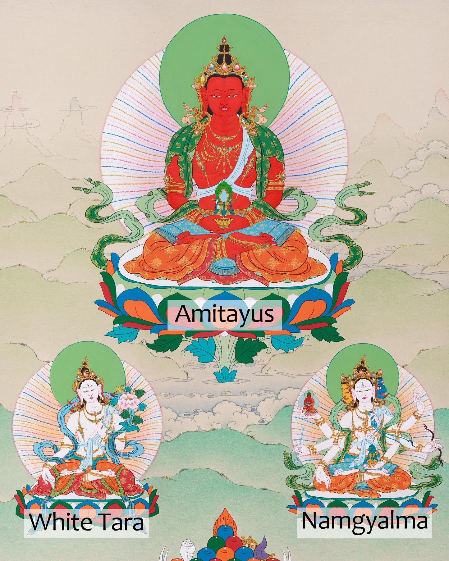 Amitayus with White Tara and Namgyalma Thangka