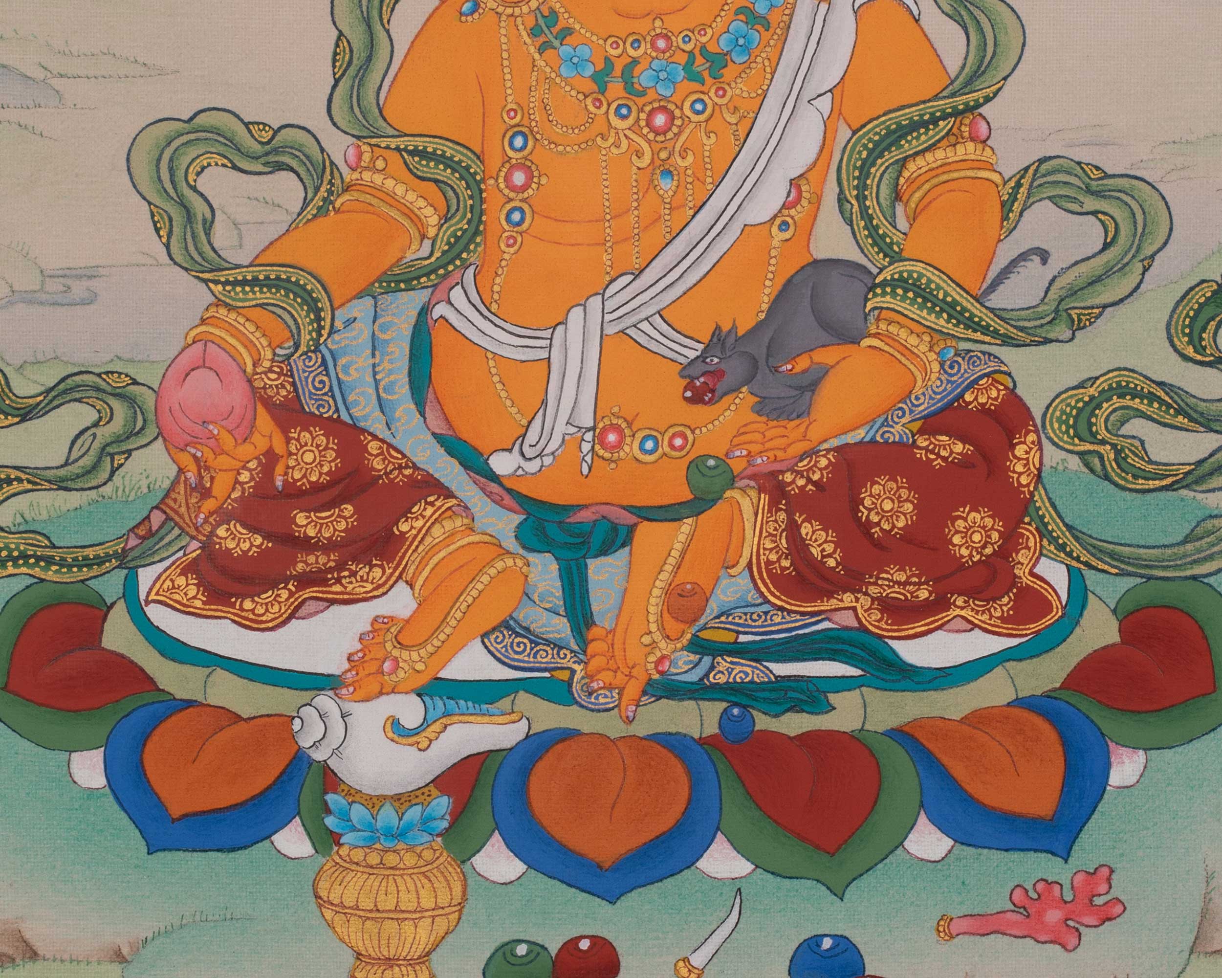 Dzambhala Prosperity Buddhist Art | Tibetan Thangka of Wealth and Abundance
