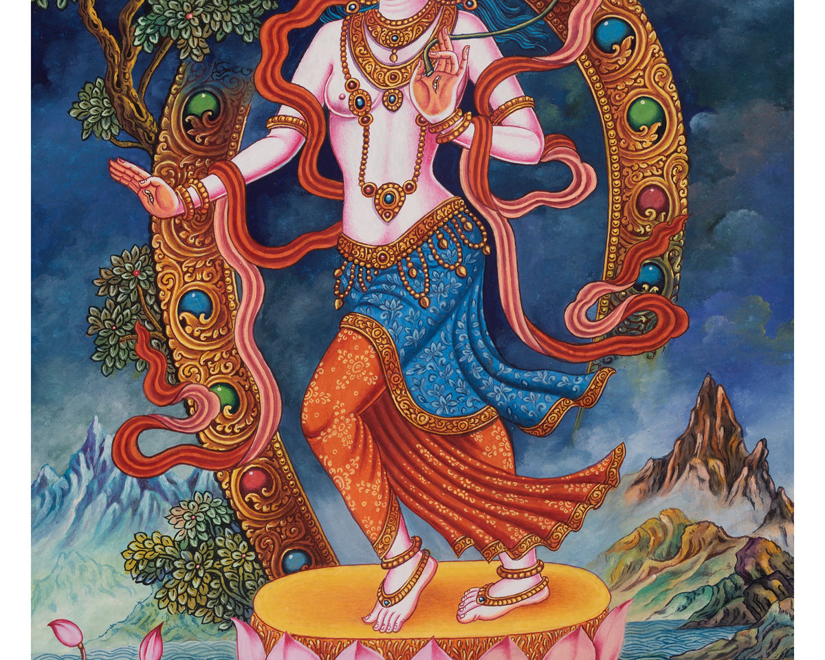 Standing White Tara Artwork | Sacred Himalayan Painting of Compassion and Longevity