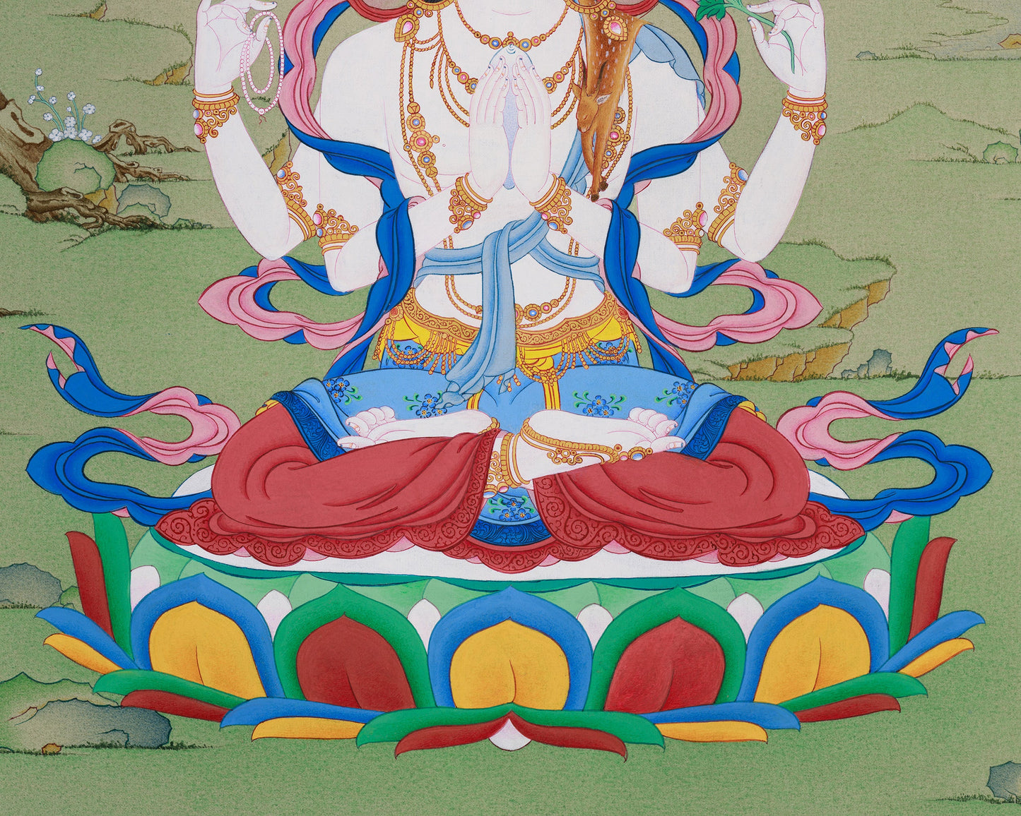 Tibetan Four-Armed Guanyin Bodhisattva Thangka | Compassion and Wisdom