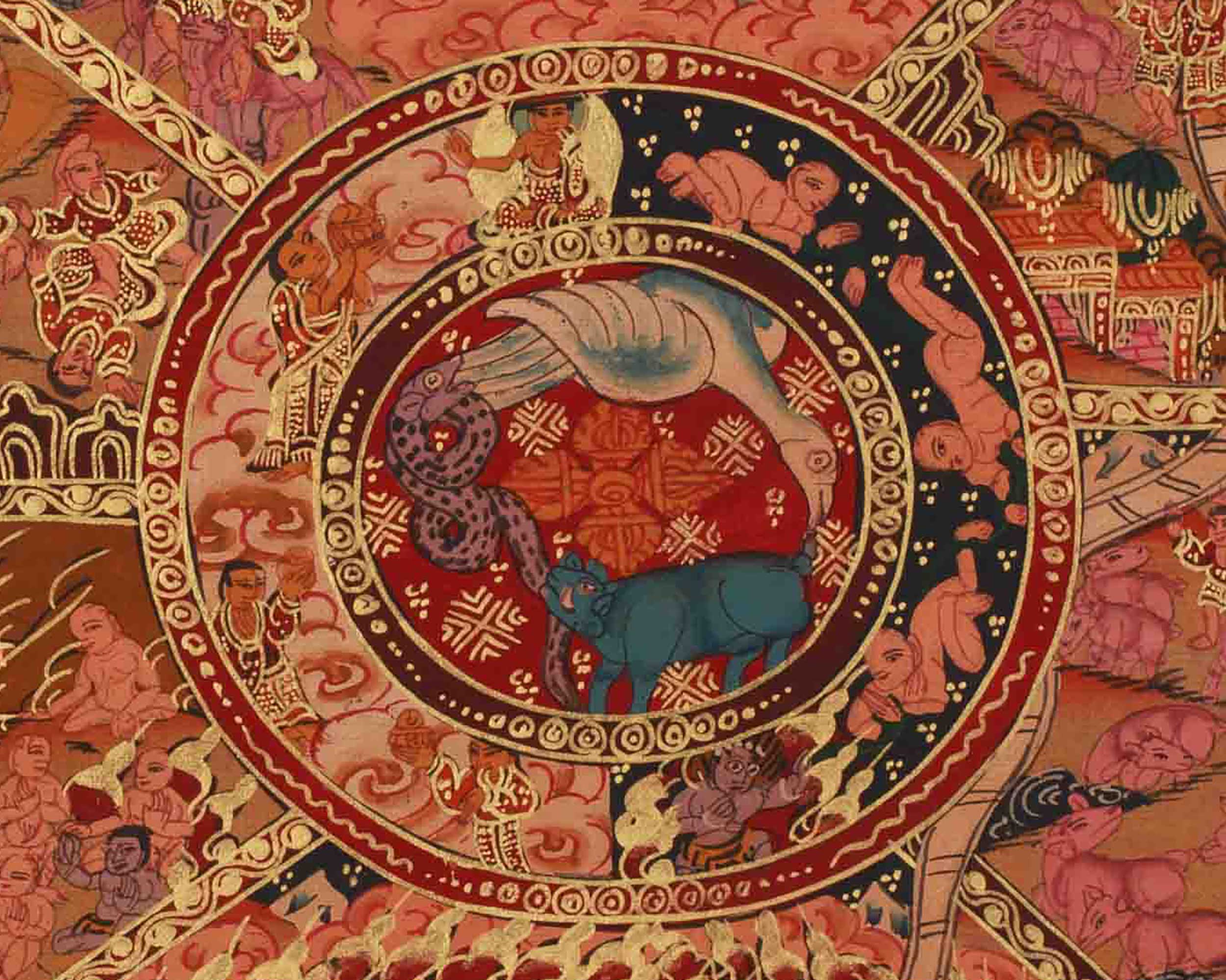 Traditional Bhavachakra Mandala Art | Hand-Painted Wheel of Life Thangka