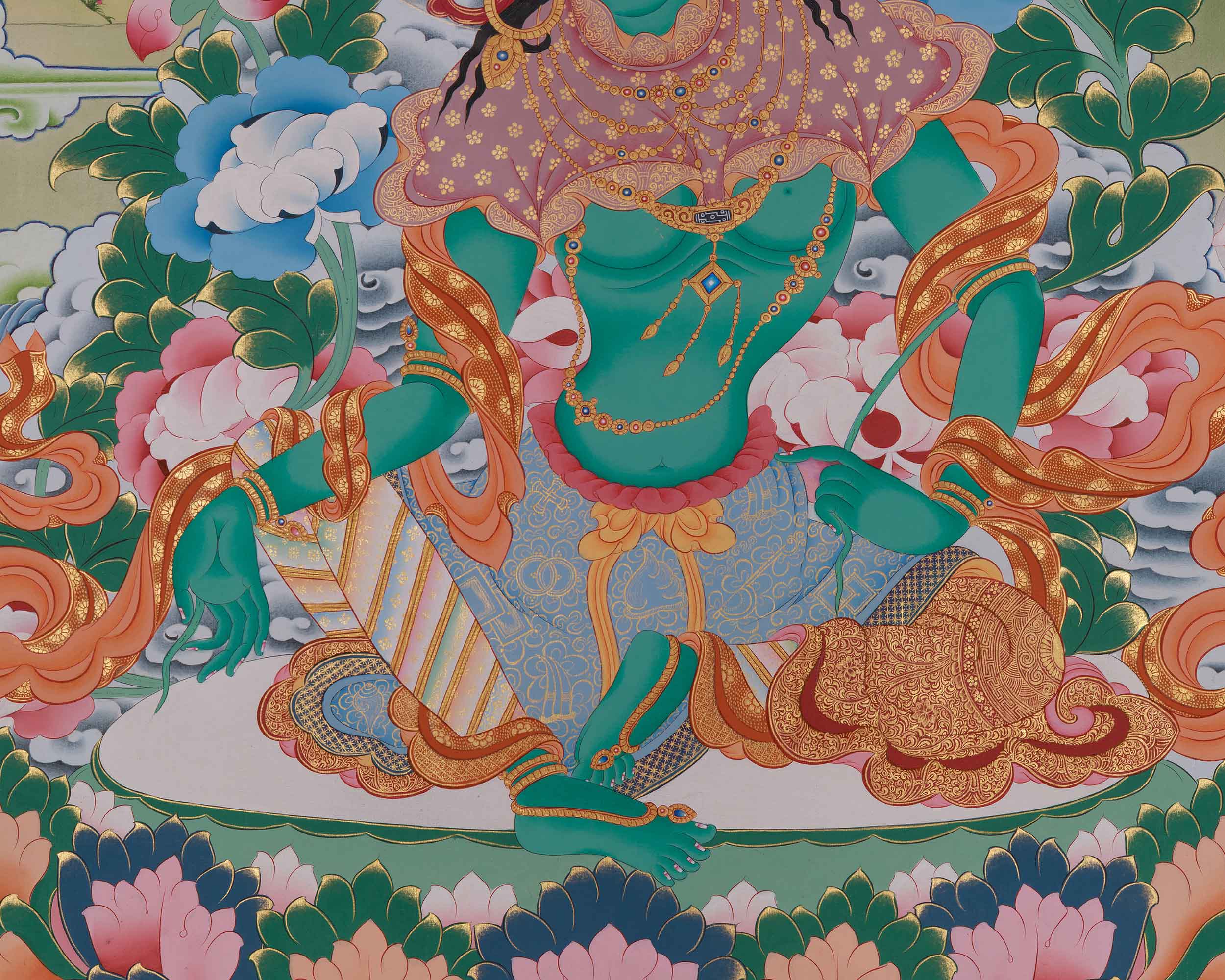 Shyama Tara Buddhist Thangka | Compassionate Goddess Green Tara