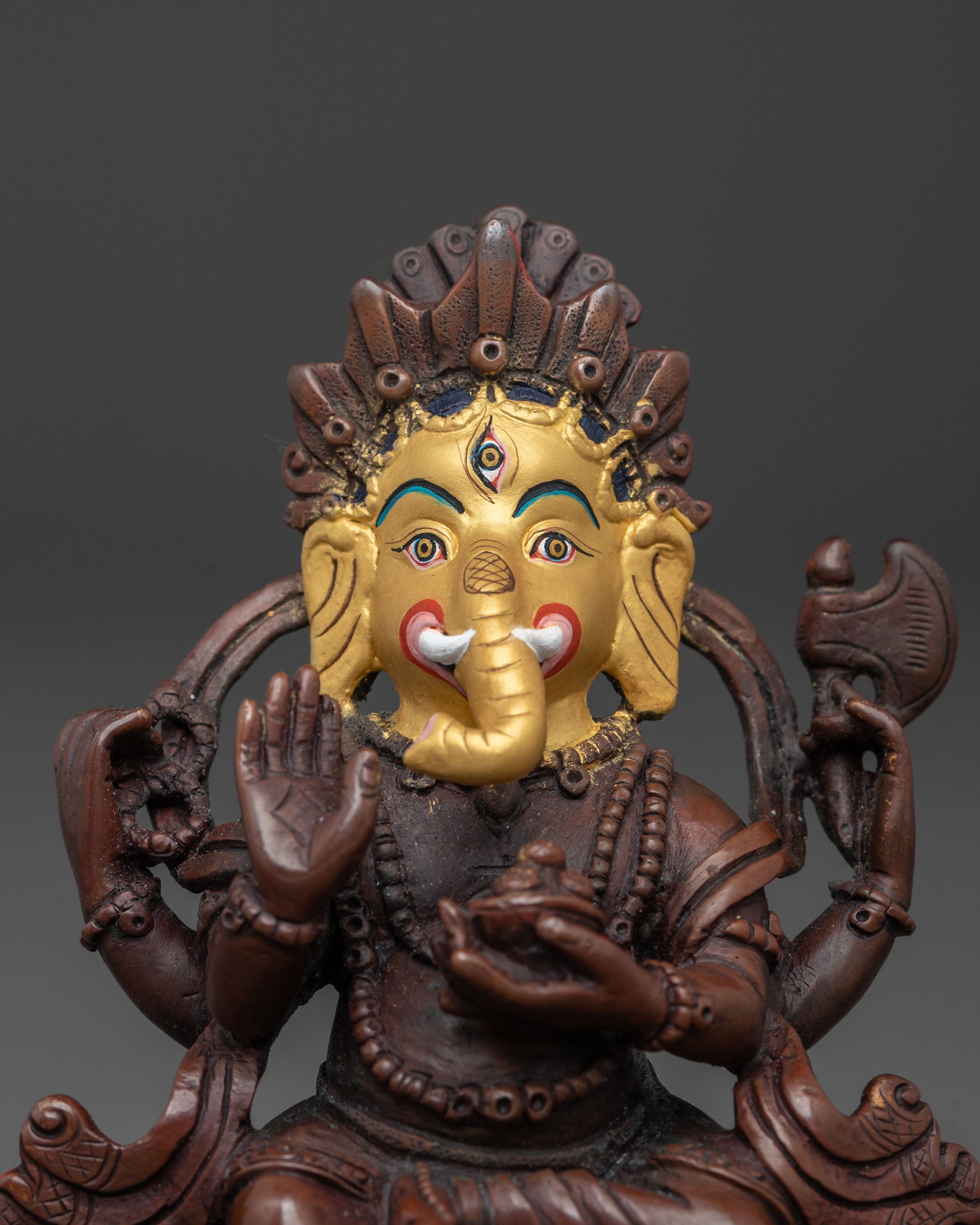 Spiritual Handmade Ganesh Sculpture | 24K Gold Gilded Ganesh | Oxidized Copper Altar Decor