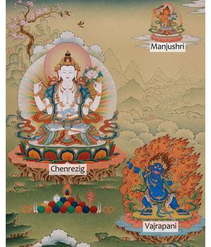 Tibetan Compassion Deity, Chenrezig | Divine Trio: Avalokiteshvara, Manjushri, and Vajrapani