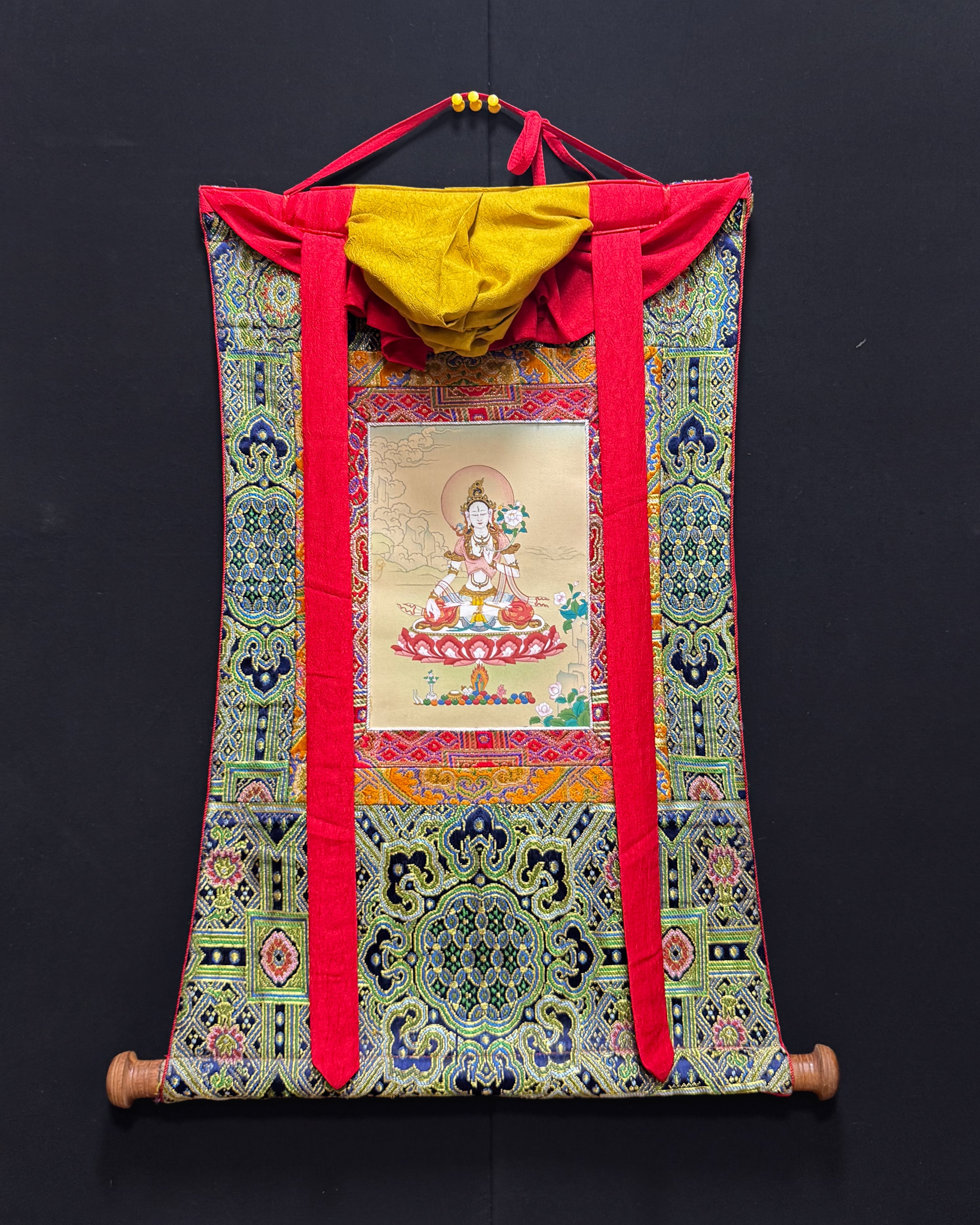 Hand Painted White Tara Art | Healing and Longevity Deity | Sita Tara With Brocade