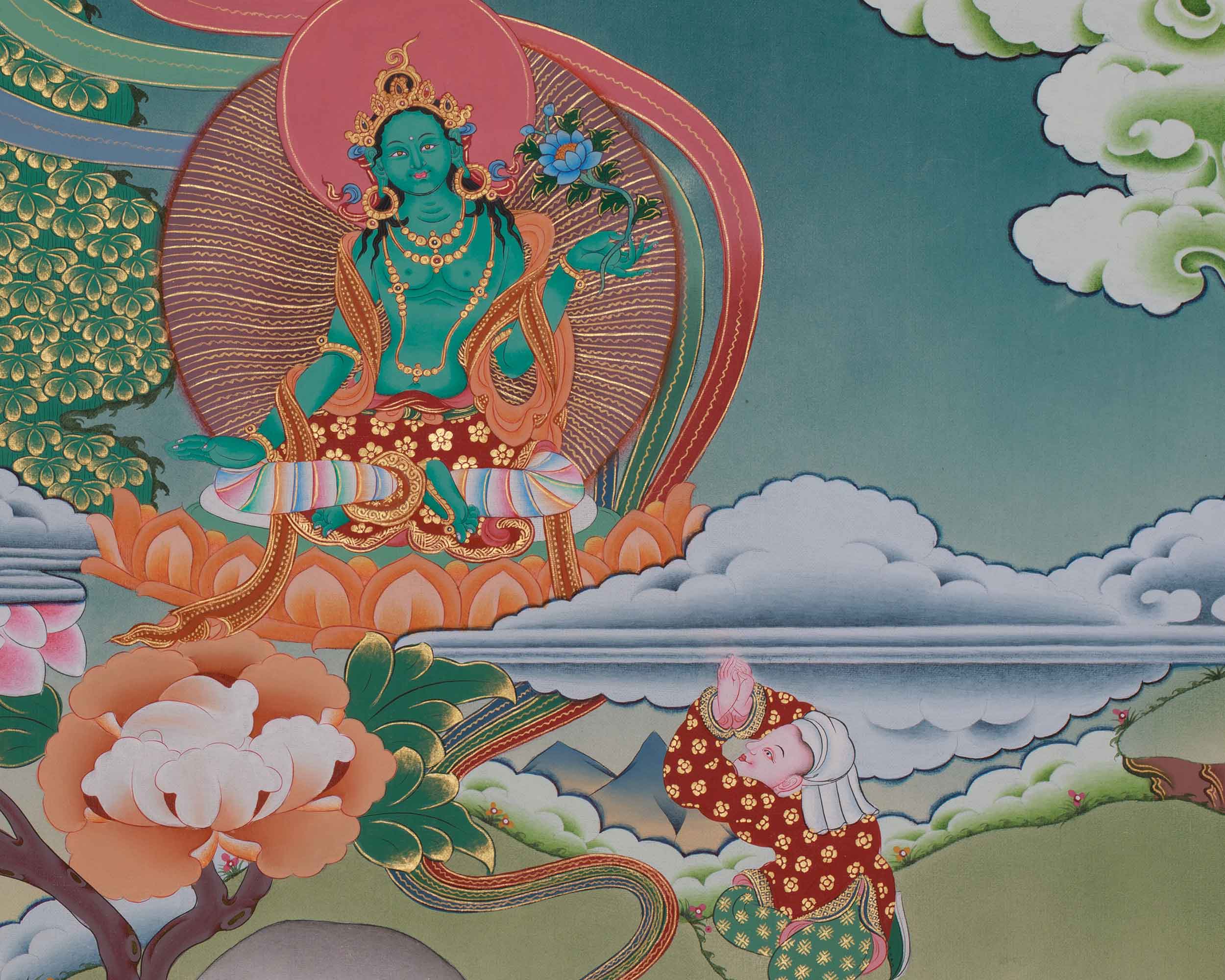Shyama Tara Buddhist Thangka | Compassionate Goddess Green Tara