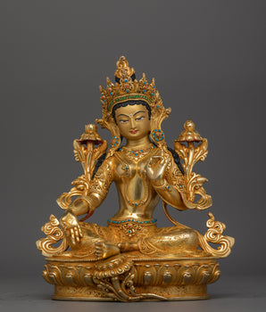 Green Tara Buddhist Deity Figure | Handcrafted 24K Gold Gilded Statue