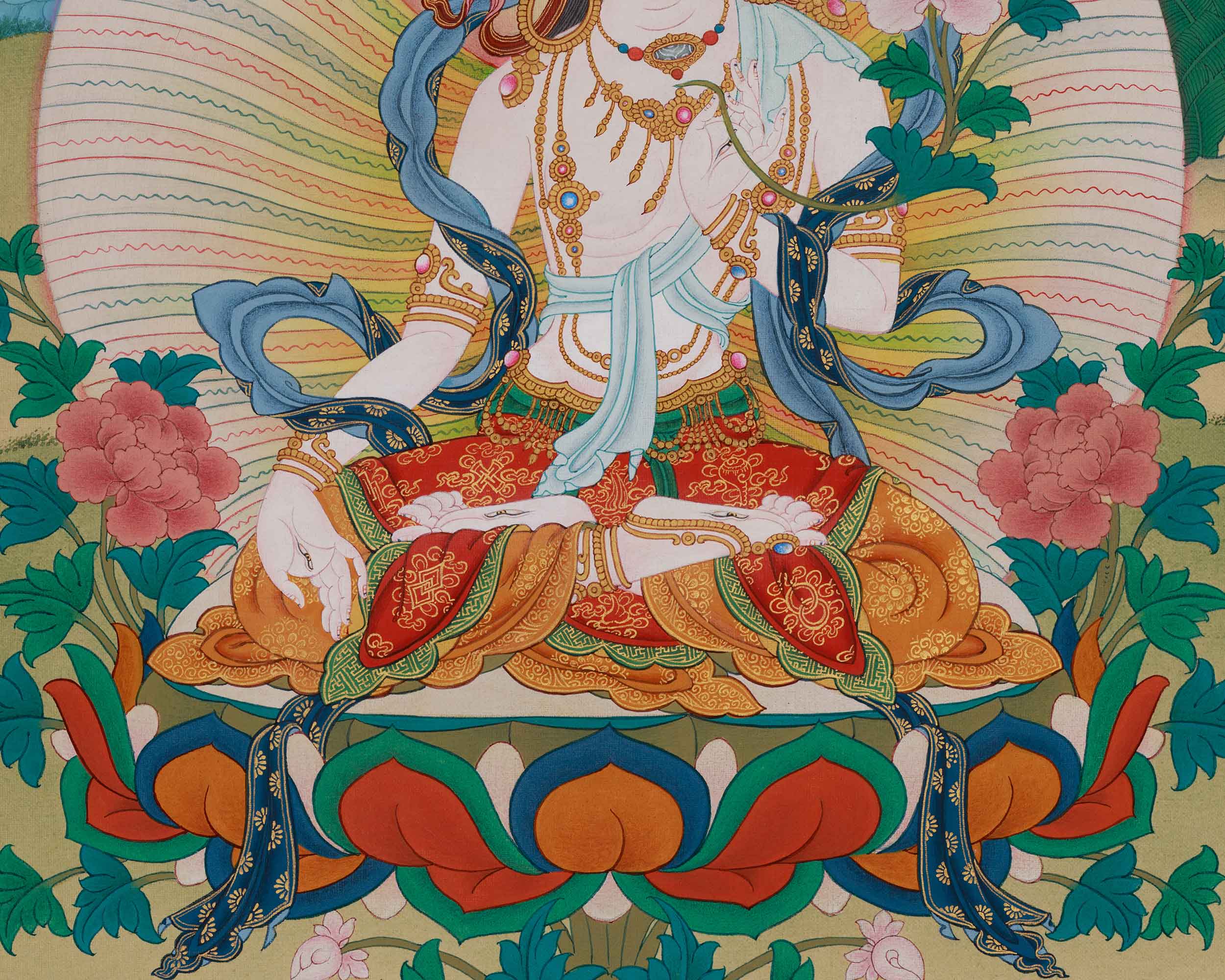 Goddess White Tara Thangka | Symbol Of Compassion with Brocade