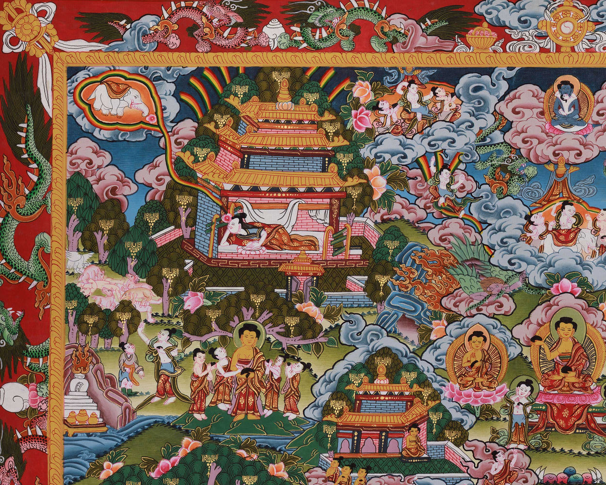 Historical Buddha Life Story Thangka | Traditional Artwork Depicting the Buddha’s Path to Enlightenment