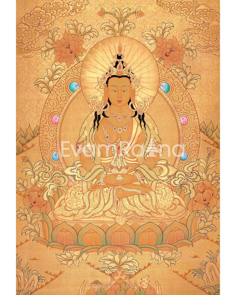 Amitayus Buddha Thangka Painting In Full Gold Style | Tibetan Thangka Painting | Religious Wall Decoration |