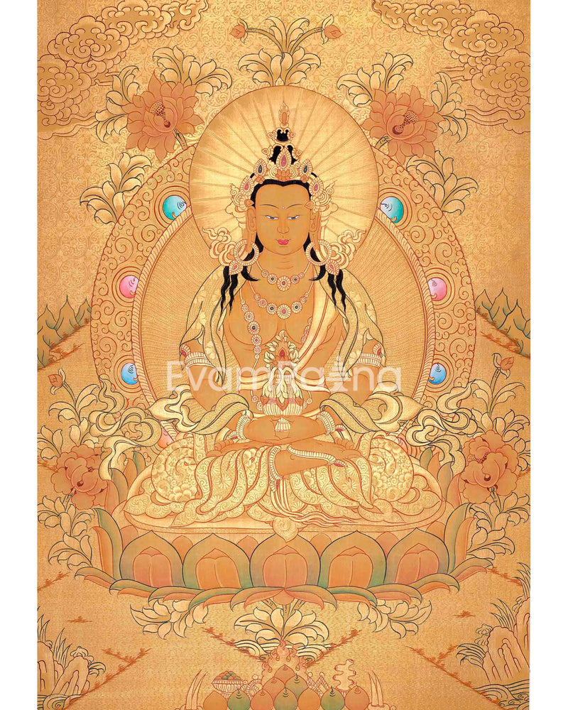 Amitayus Buddha Thangka Painting In Full Gold Style | Tibetan Thangka Painting | Religious Wall Decoration |