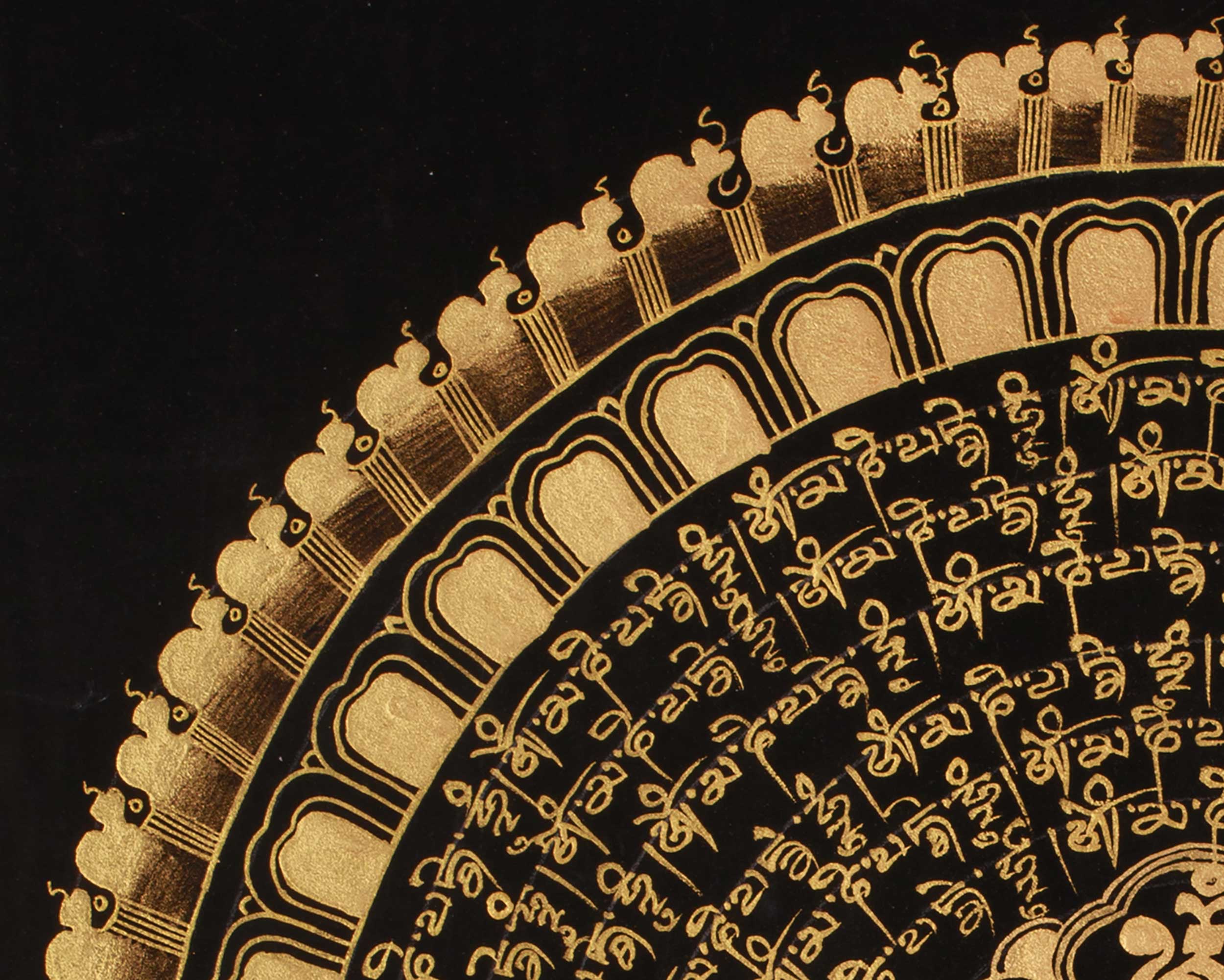 Buddhist Gold and Black Mantra Mandala | Tibetan Meditation and Devotional Painting