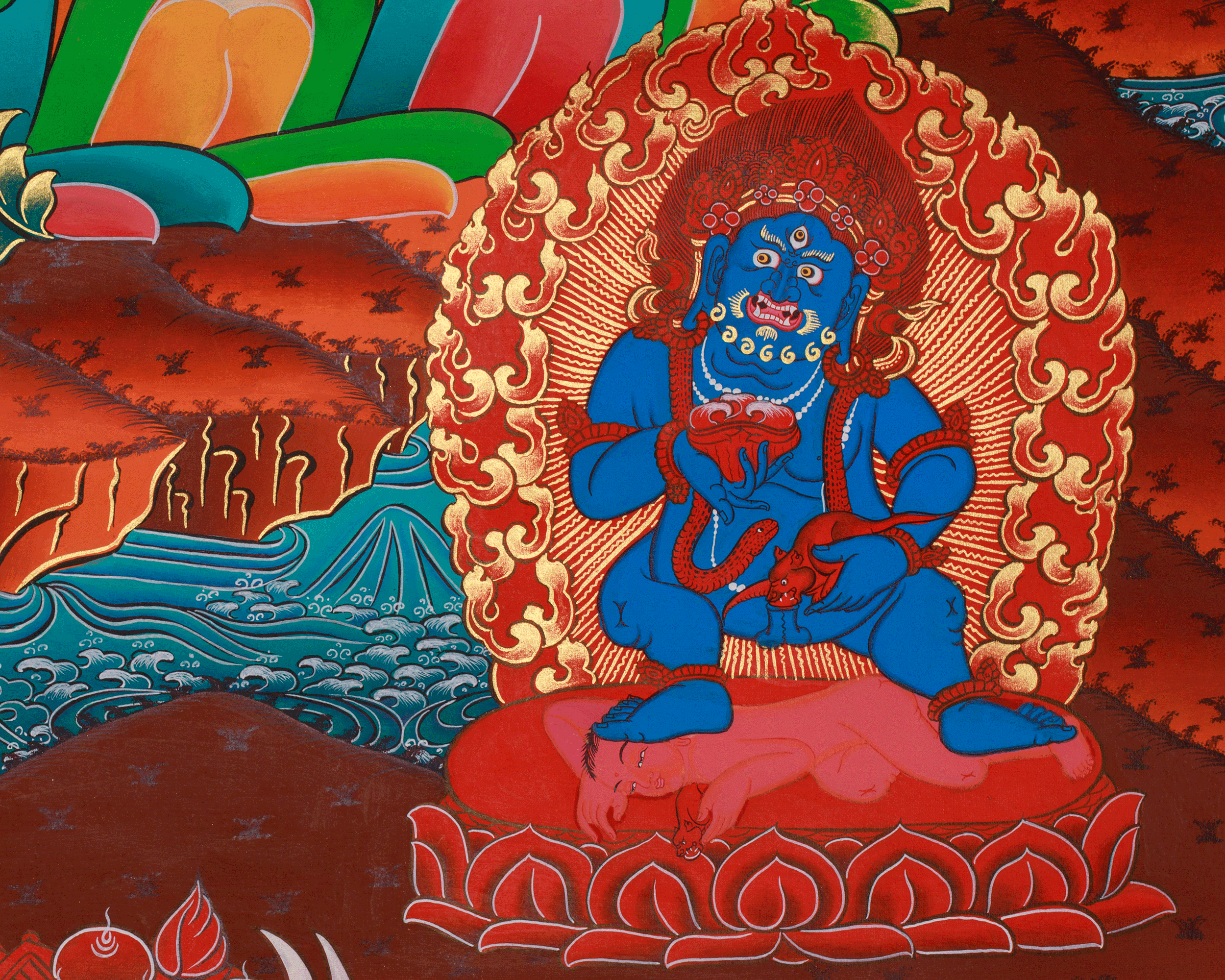 Traditional Five Dzambhala Thangka | Prosperity, Protection, and Abundance Deity