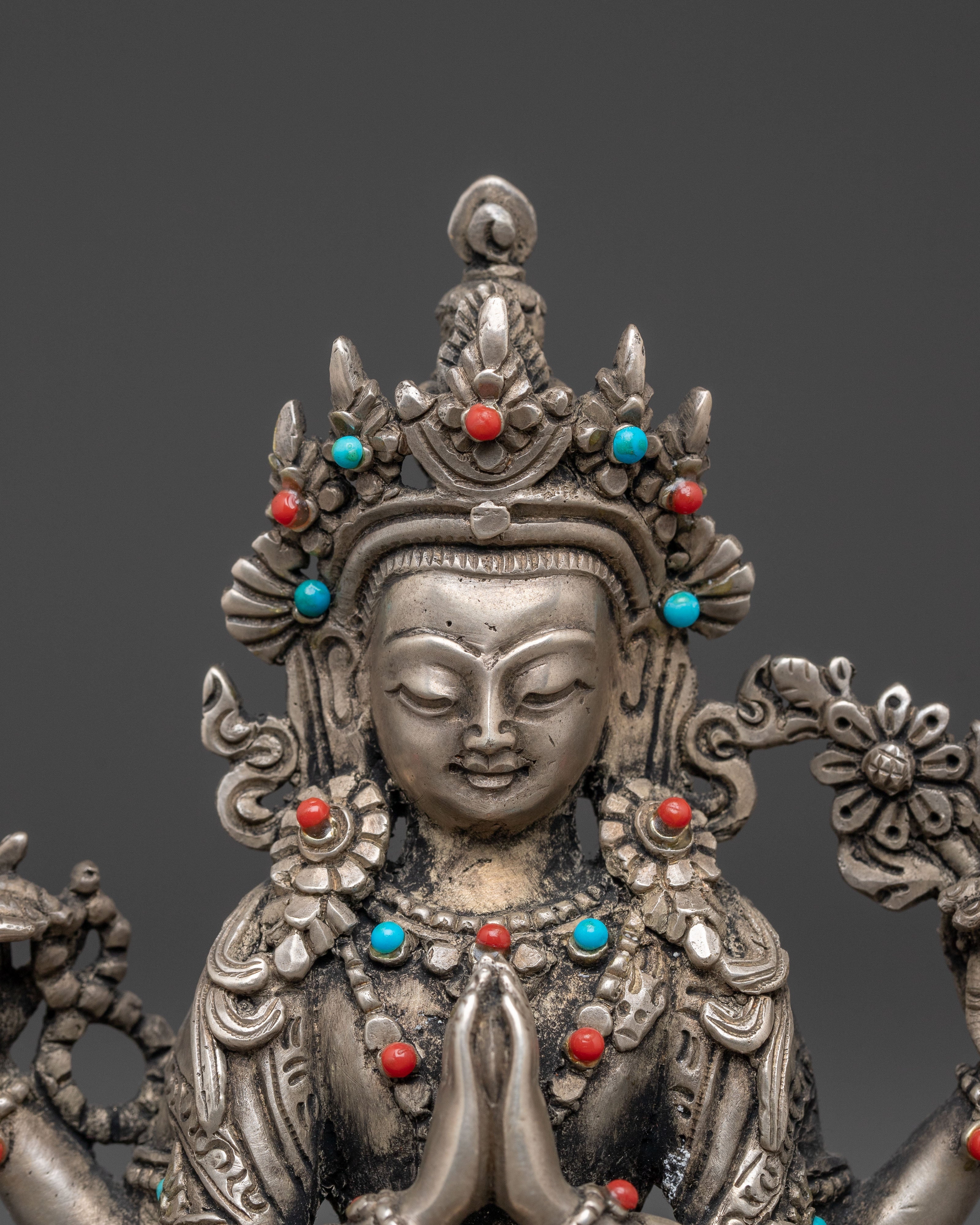 Handmade Silver Chenrezig Statue | Compassion Buddha Sculpture