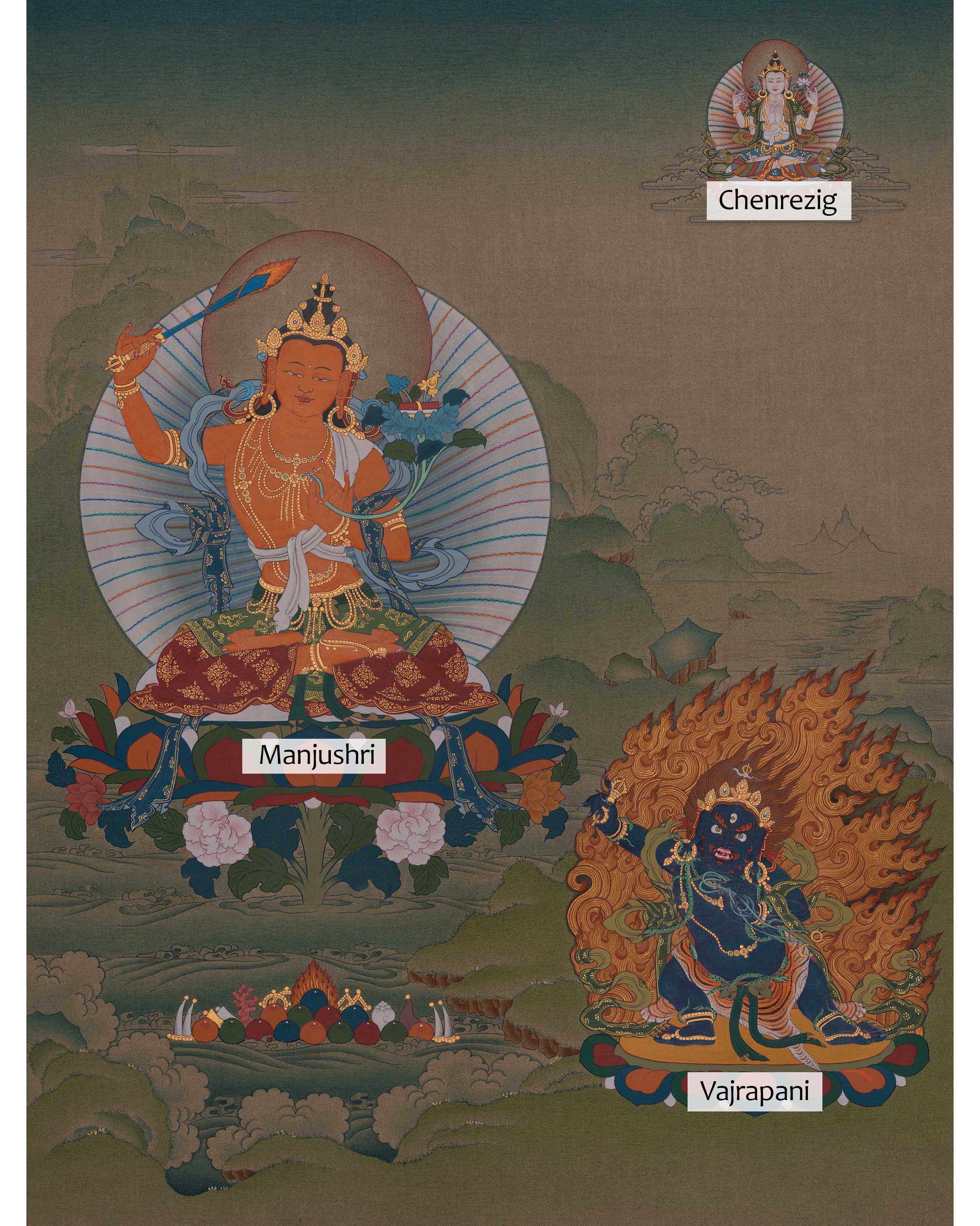 Manjushri With Chenrezig And Vajrapani Art | Wisdom, Compassion, And Power