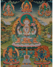 The image is a vibrant and colorful depiction of Buddhist deities, including Buddha, surrounded by various other figures and symbols. The overall composition is intricate and detailed, showcasing the rich cultural heritage and artistic style of the Buddhist art form.