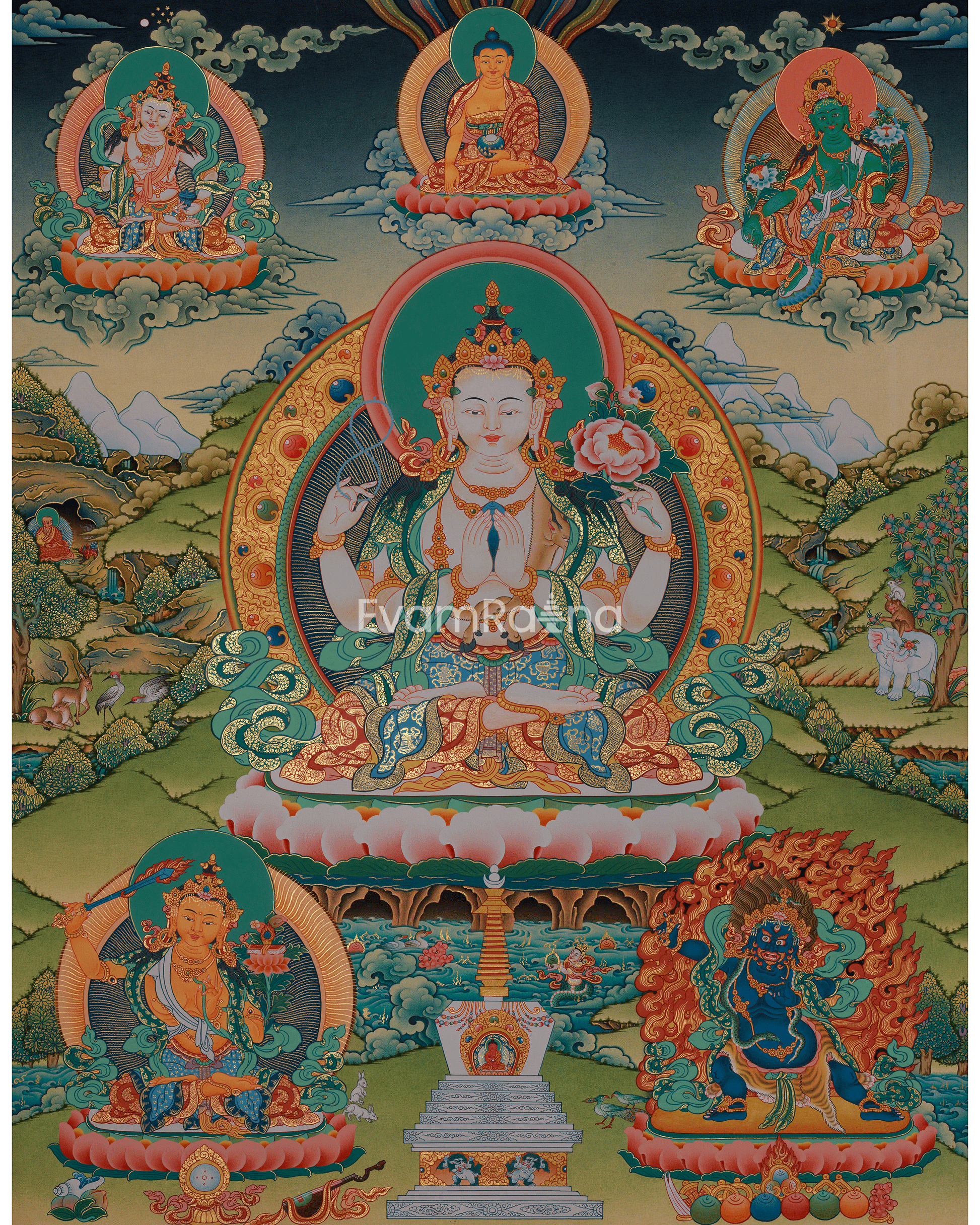 The image is a vibrant and colorful depiction of Buddhist deities, including Buddha, surrounded by various other figures and symbols. The overall composition is intricate and detailed, showcasing the rich cultural heritage and artistic style of the Buddhist art form.