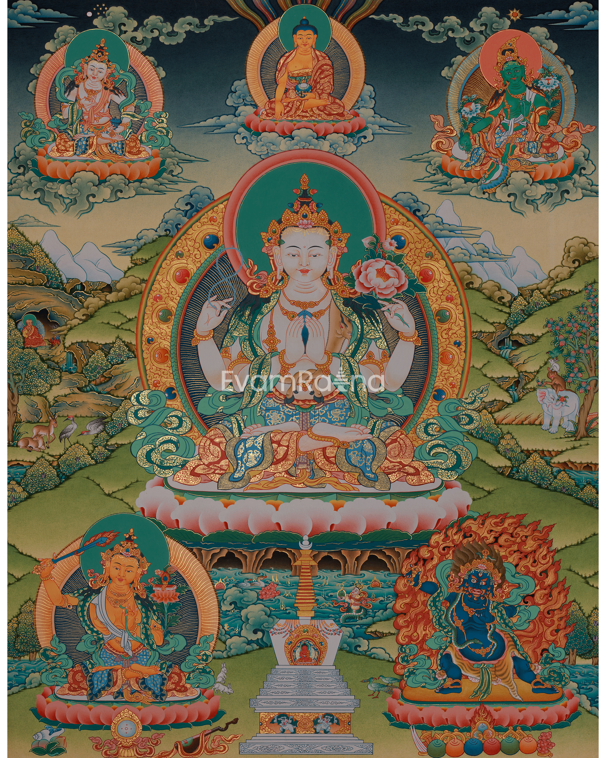 The image is a vibrant and colorful depiction of Buddhist deities, including Buddha, surrounded by various other figures and symbols. The overall composition is intricate and detailed, showcasing the rich cultural heritage and artistic style of the Buddhist art form.