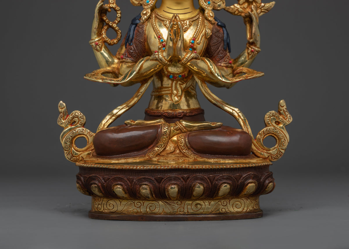Handmade Avalokiteshvara Copper Statue | 24K Gold Gilded Chenrezig