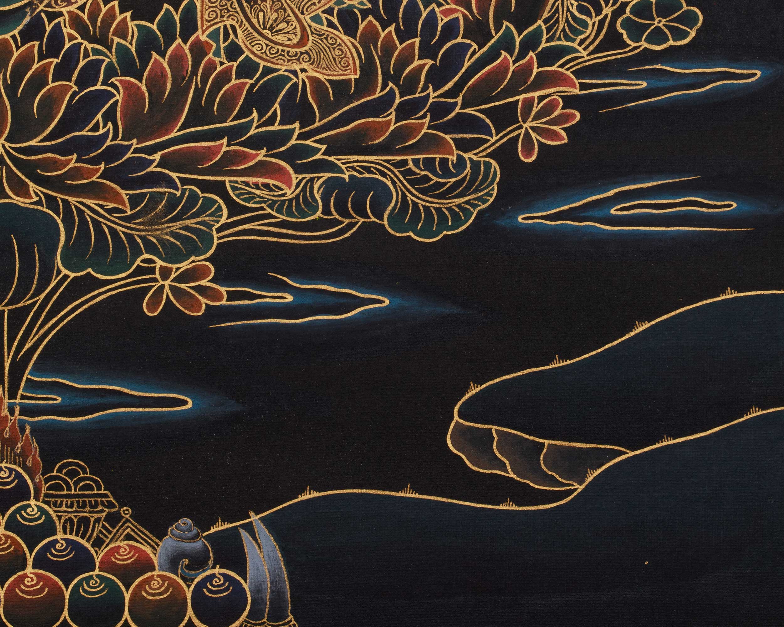 Black and Gold Thangka of Guru Rinpoche | Tantric Master of Vajrayana Buddh