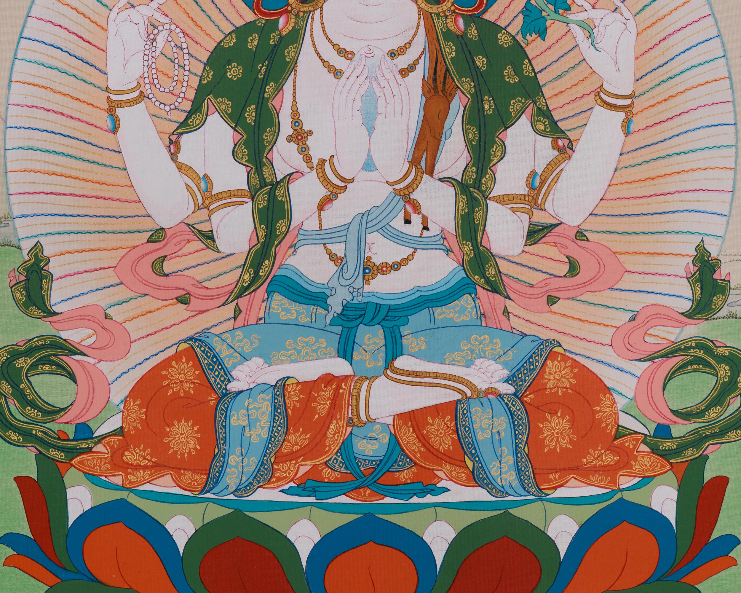Buddhist Four-Armed Chenrezig Thangka | Symbolizing Compassion, Mercy, and Protection