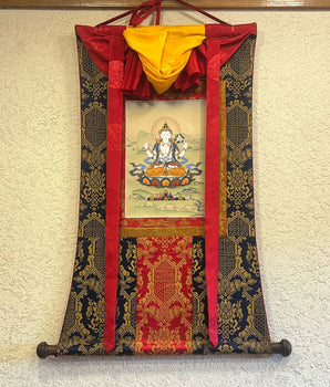 Four-Armed Chenrezig Buddha Thangka | A Symbol of Compassion | Includes Brocade
