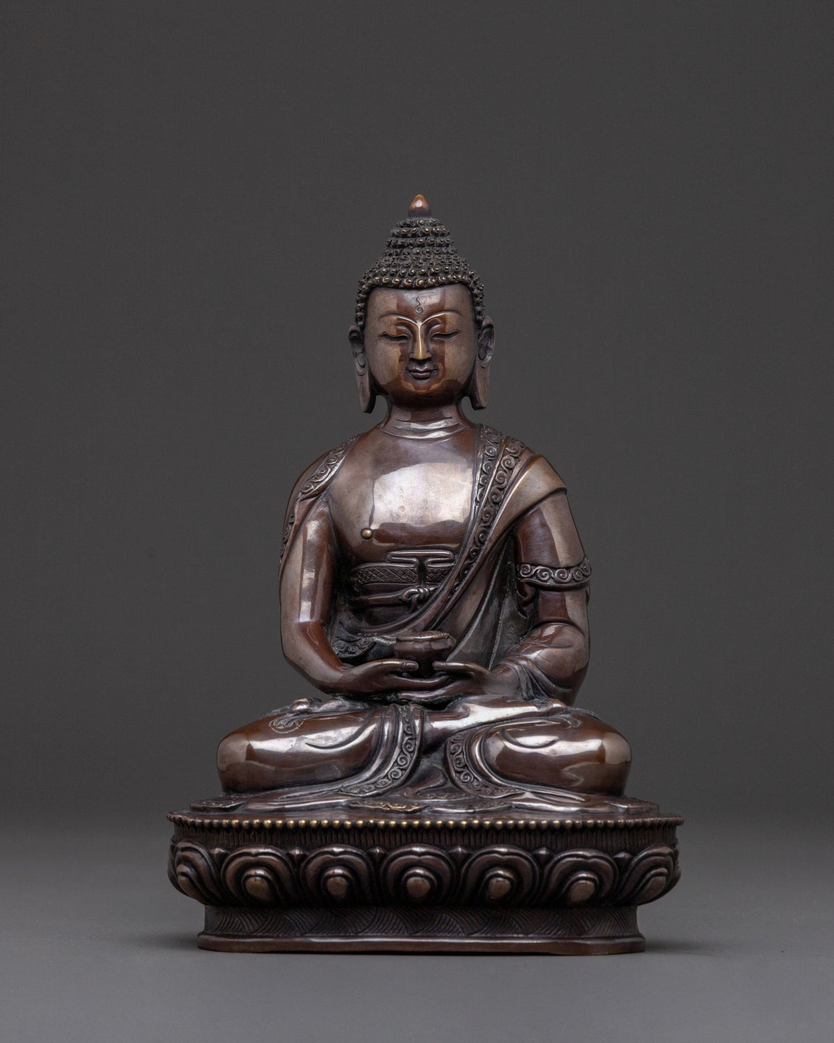 Amitabha Buddha: Handcrafted Golden Statue in Oxidized Copper