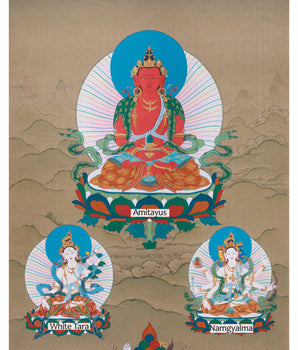Tibetan Long Life Bodhisattvas: Amitayus Buddha, White Tara and Namgyalma | Buddhist Artwork
