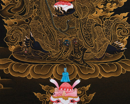 Fierce Kagyu Mahakala Bernagchen Thangka: Gold Work