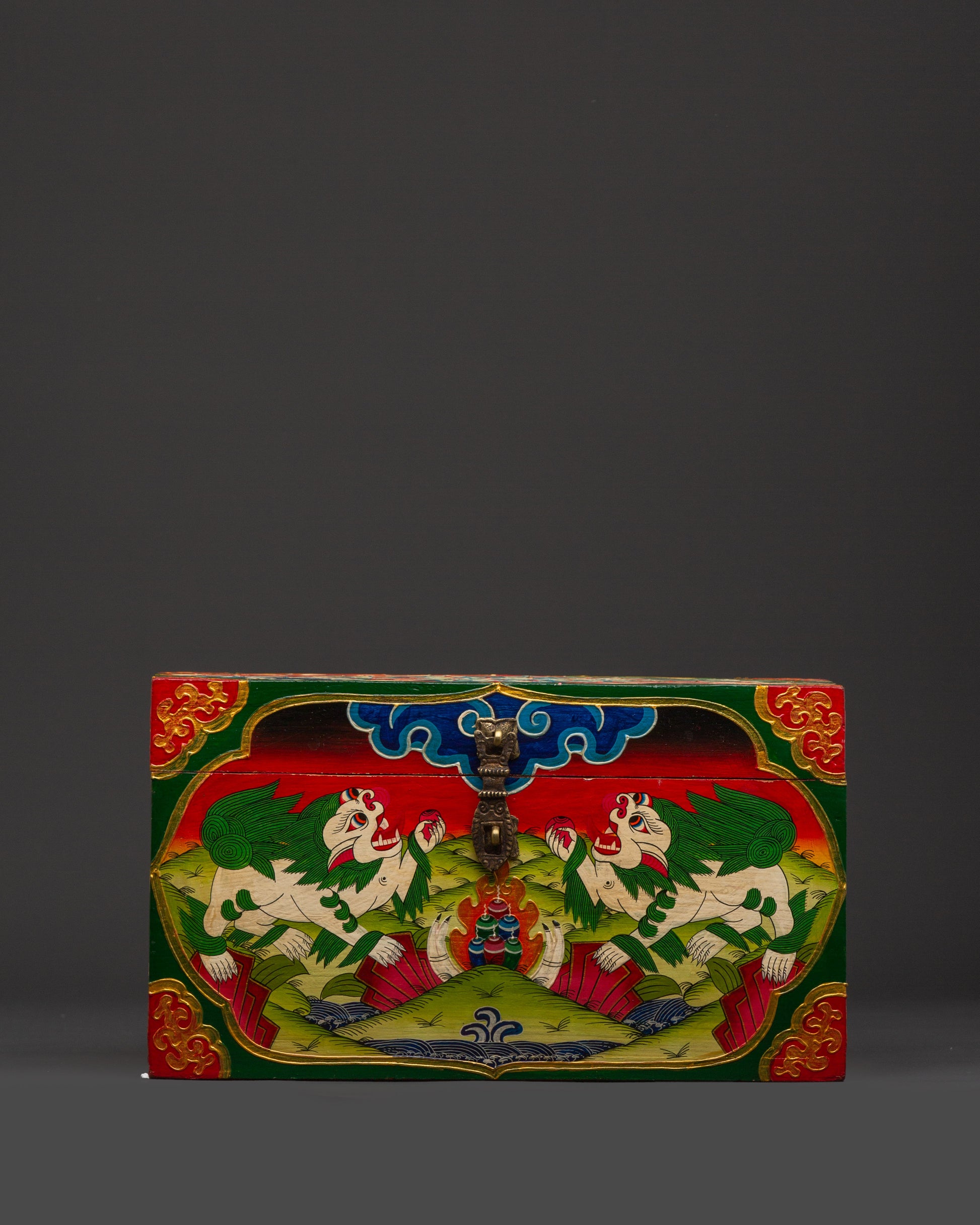 Tibetan Wooden Box with Snow Lions