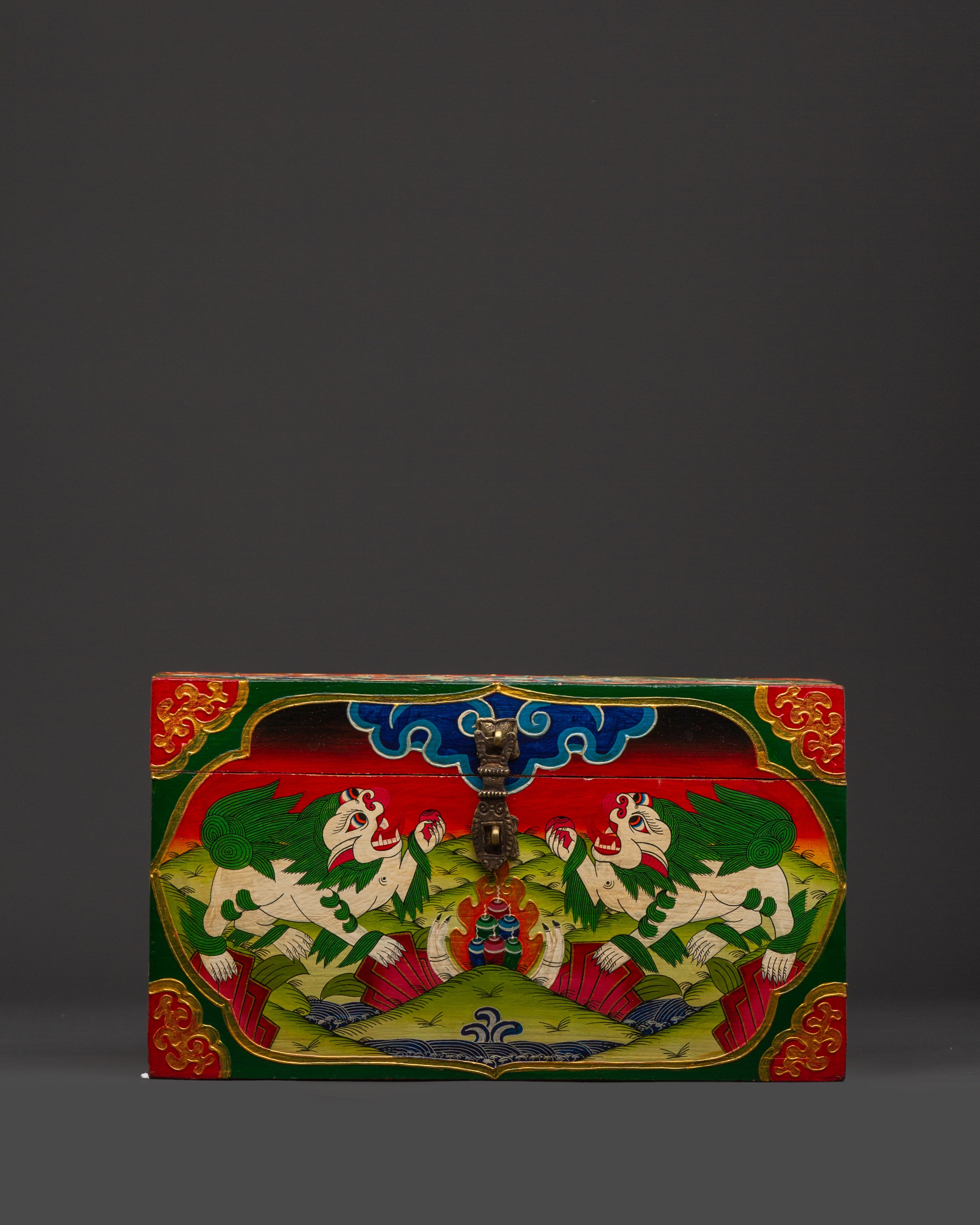 Tibetan Wooden Box with Snow Lions