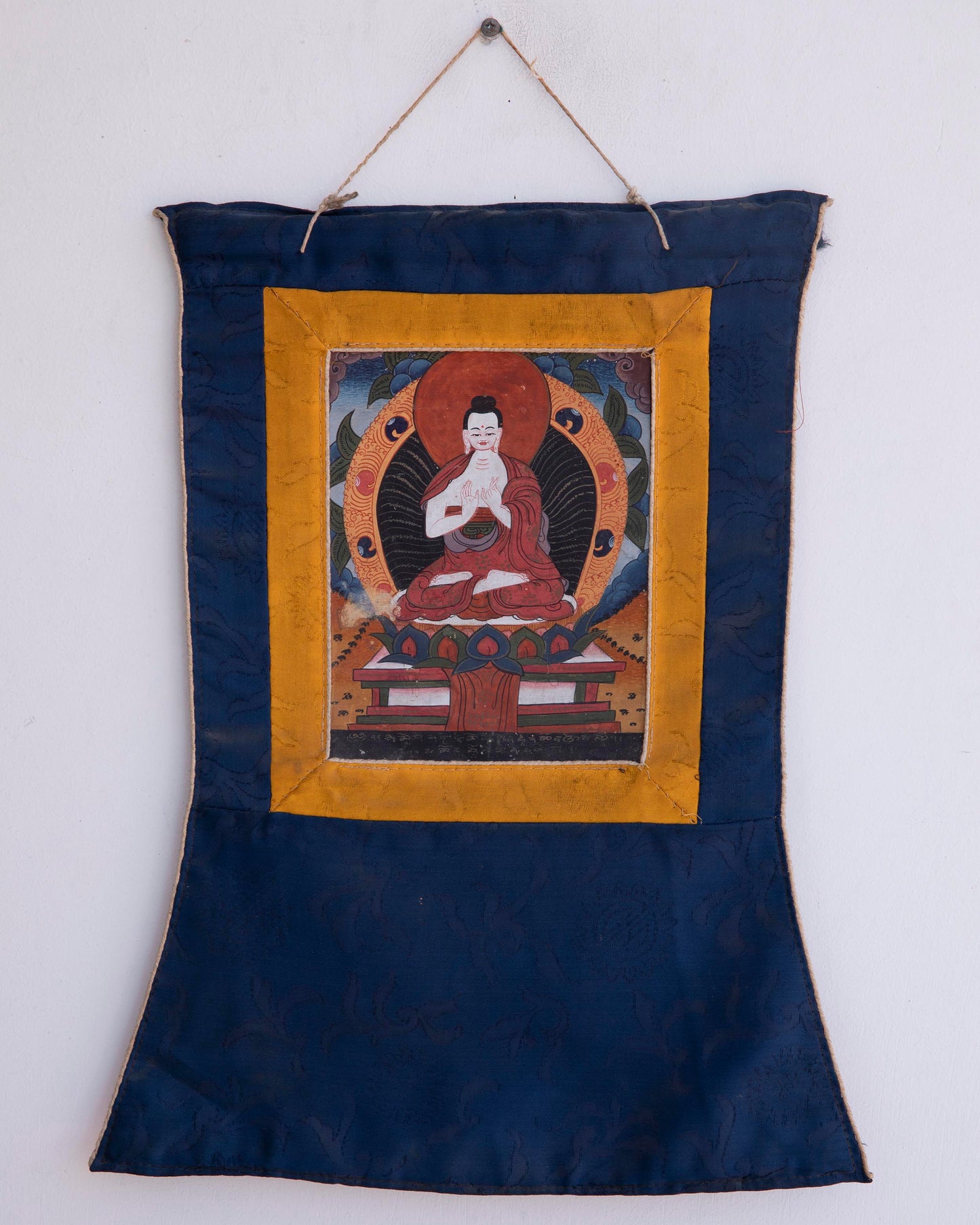 Vintage Small Amitayus Buddha Thangka with Silk Brocad