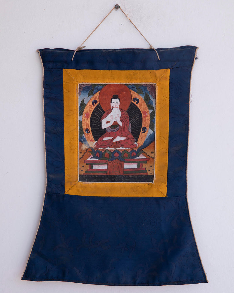 Vintage Small Amitayus Buddha Thangka with Silk Brocad